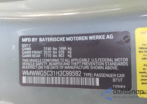 2017 Mini Convertible Cooper z USA, uszkodzony, nr VIN WMWWG5C31H3C99582